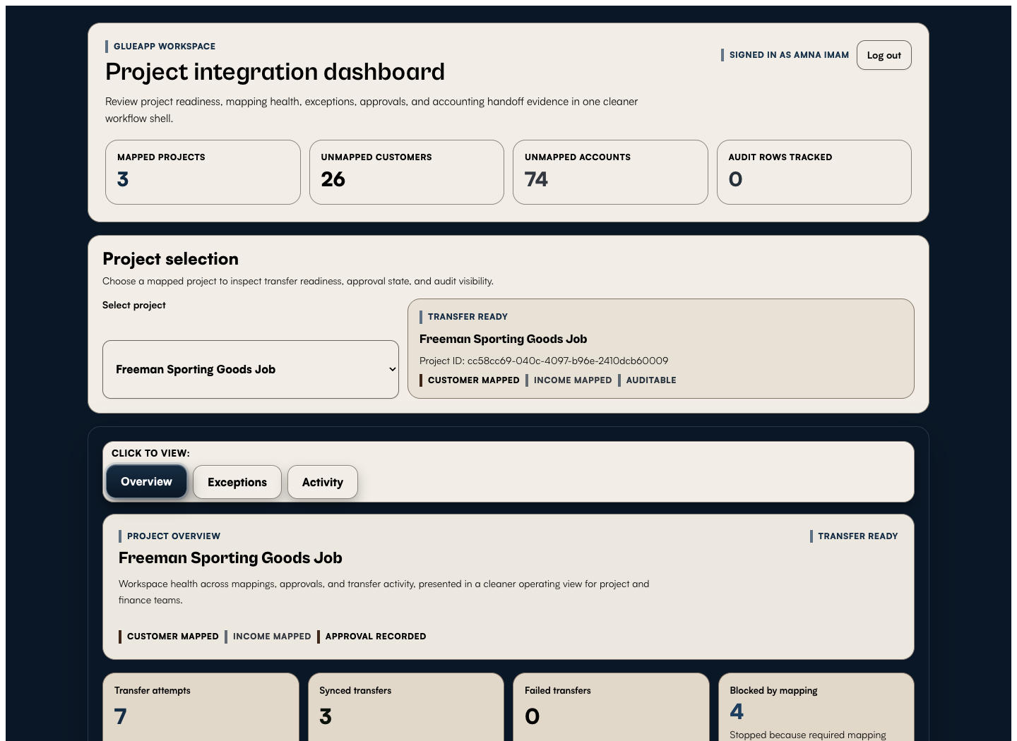 GlueApp project integration dashboard showing mapped projects, unmapped customers, unmapped accounts, audit rows, project selection, and transfer readiness.